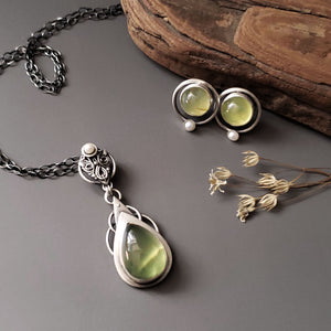 Sterling and Fine Silver Talisman Pendant and Stud Earrings with Prehnite & Fresh Water Pearl Set - Inner Peace