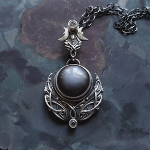 Custom Made Sterling and Fine Silver Lilith Dark Moon Pendant and Necklace with Grey Moonstone and Topaz - Moon