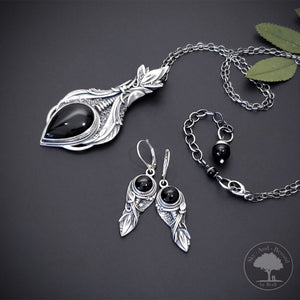 Clarity - Fine Silver With Onyx Pendant Earrings Set