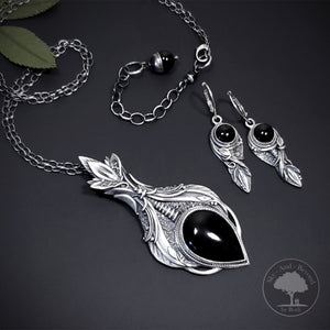 Clarity - Fine Silver With Onyx Pendant Earrings Set