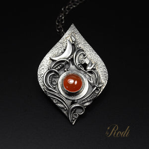 Desire - Fine Silver Floral Moon Pendant With Carnelian Gemstone