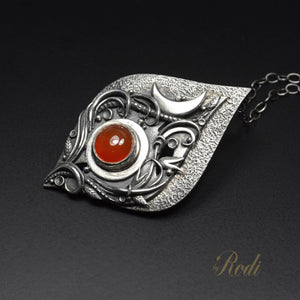 Desire - Fine Silver Floral Moon Pendant With Carnelian Gemstone