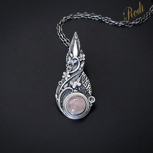 Flutter - Fine Silver Pendant, Rose Quartz