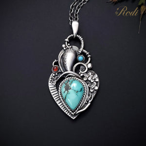 Heart Of Mine - Silver Heart Pendant with Turquoise and Garnet