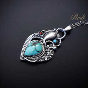 Heart Of Mine - Silver Heart Pendant with Turquoise and Garnet