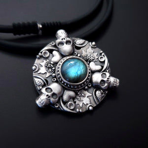 Home - Fine Silver Skull Mandala Pendant With Labradorite