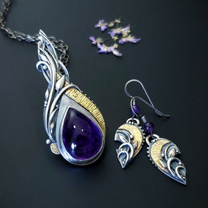 Regal Dream - Fine Silver / 22k Gold With Amethyst Pendant Earrings Set