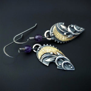 Regal Dream - Fine Silver / 22k Gold With Amethyst Pendant Earrings Set