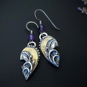 Regal Dream - Fine Silver / 22k Gold With Amethyst Pendant Earrings Set