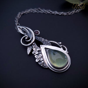 Solitude - Fine Silver Pendant With Prehnite / Tourmaline