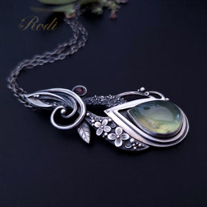 Solitude - Fine Silver Pendant With Prehnite / Tourmaline