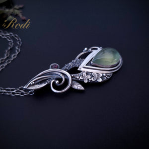 Solitude - Fine Silver Pendant With Prehnite / Tourmaline