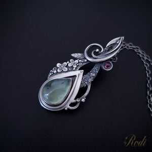 Solitude - Fine Silver Pendant With Prehnite / Tourmaline
