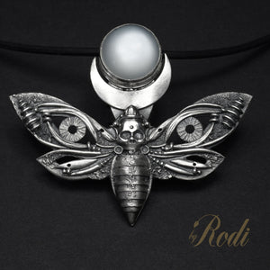 To The Light - Fine Silver Death's Head Hawkmoth With Moonstone Pendant