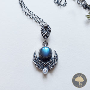 Sterling and Fine Silver Lunula Moon Pendant and Necklace with Blue Labradorite and Topaz