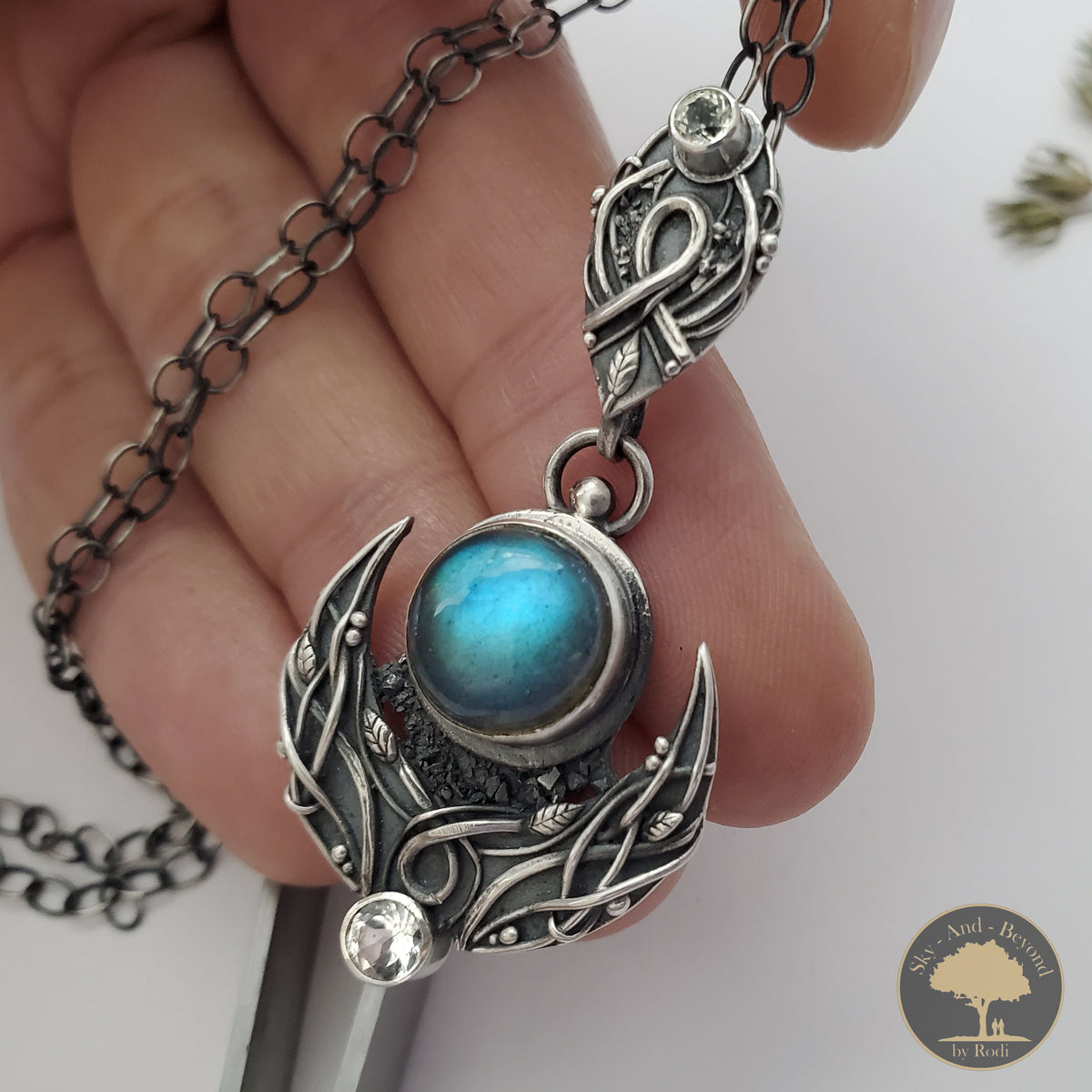 Sterling and Fine Silver Lunula Moon Pendant and Necklace with Blue Labradorite and Topaz