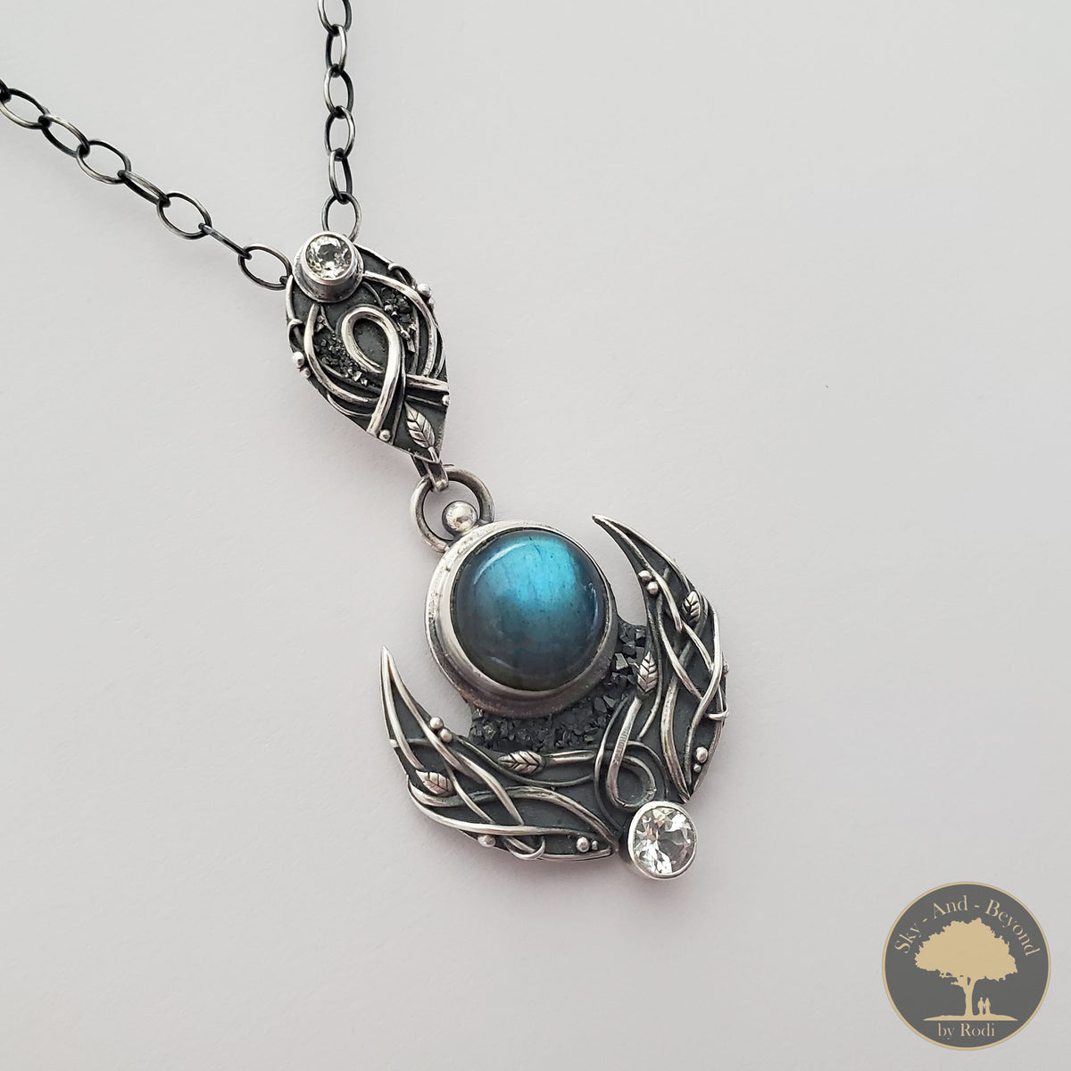 Sterling and Fine Silver Lunula Moon Pendant and Necklace with Blue Labradorite and Topaz