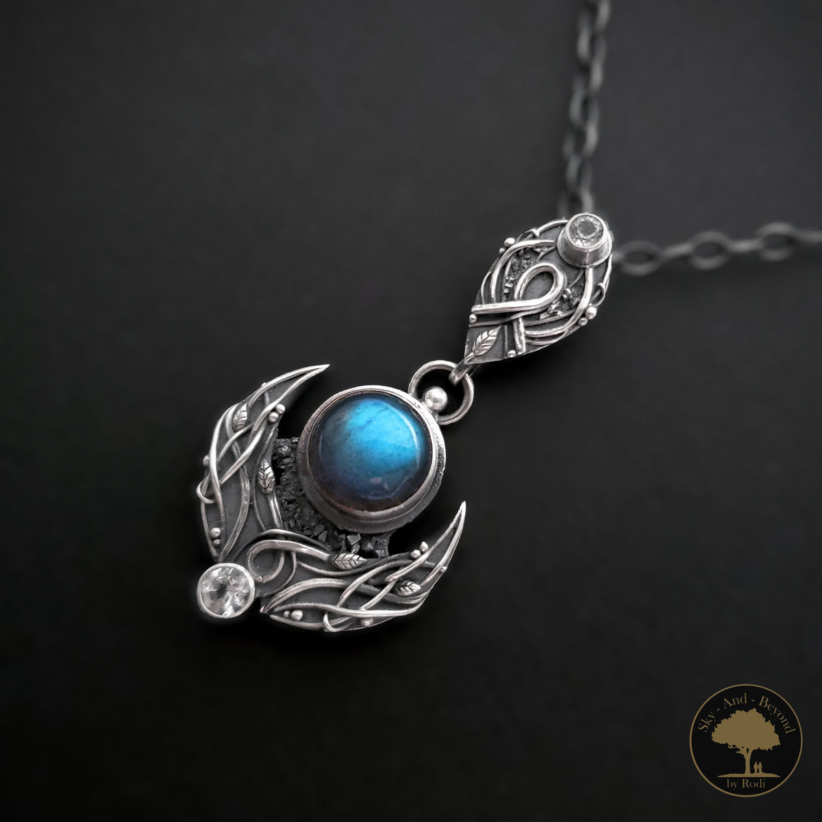 Sterling and Fine Silver Lunula Moon Pendant and Necklace with Blue Labradorite and Topaz