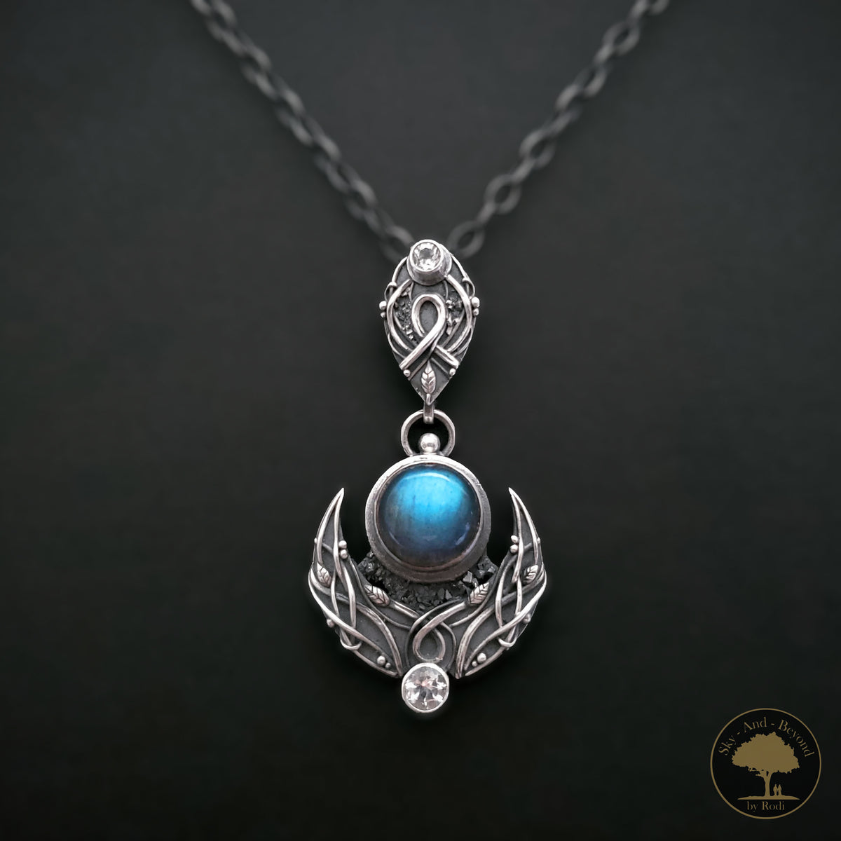Sterling and Fine Silver Lunula Moon Pendant and Necklace with Blue Labradorite and Topaz
