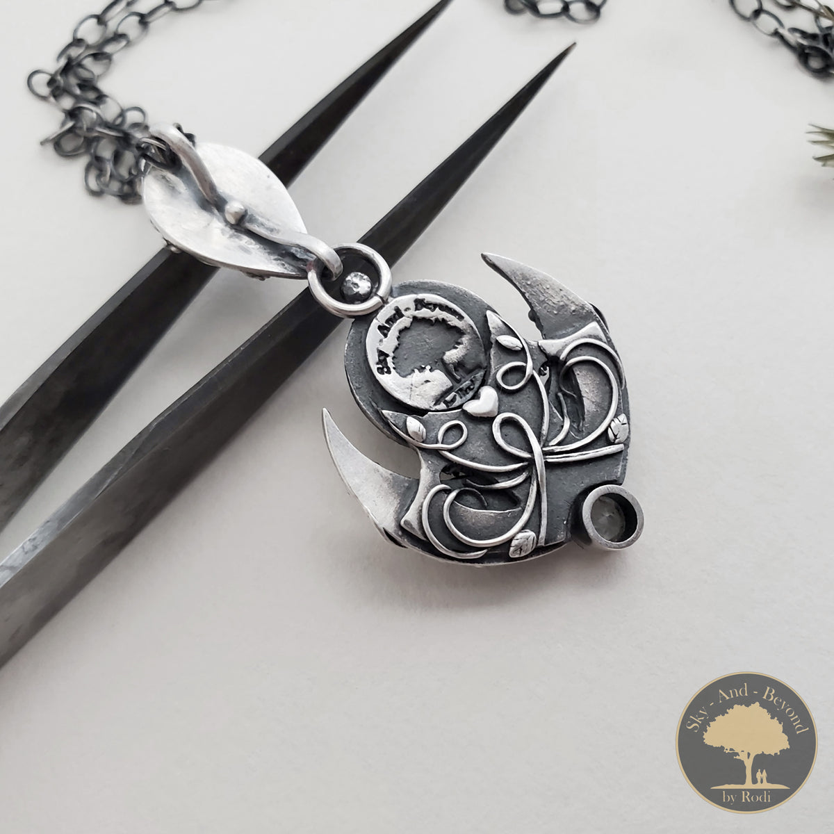 Sterling and Fine Silver Lunula Moon Pendant and Necklace with Blue Labradorite and Topaz