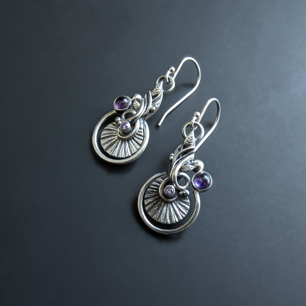 Sterling and Fine Silver Necklace and Earrings with Purple Amethyst and Lavender Cubic Zirconia - Deep Purple
