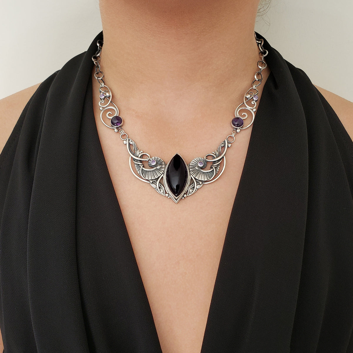 Sterling and Fine Silver Necklace and Earrings with Purple Amethyst and Lavender Cubic Zirconia - Deep Purple