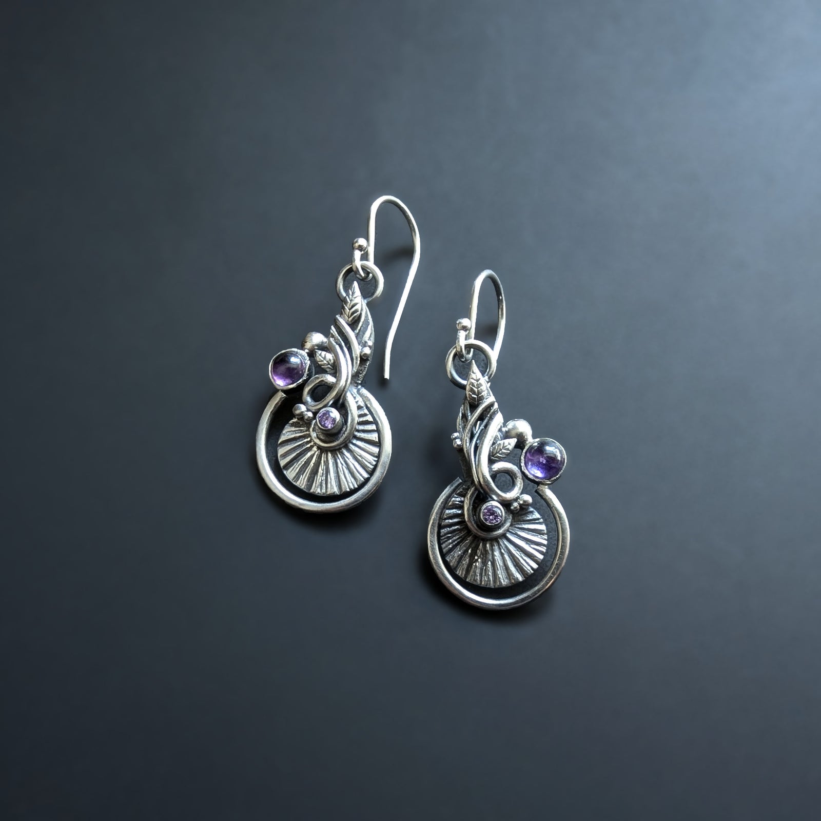 Sterling and Fine Silver Earrings with Purple Amethyst and Lavender Cubic Zirconia - Deep Purple