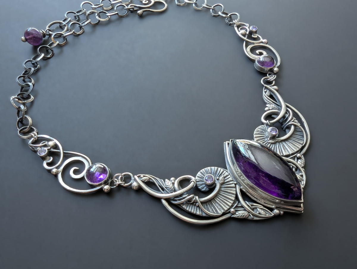 Sterling and Fine Silver Necklace with Purple Amethyst and Lavender Cubic Zirconia - Deep Purple