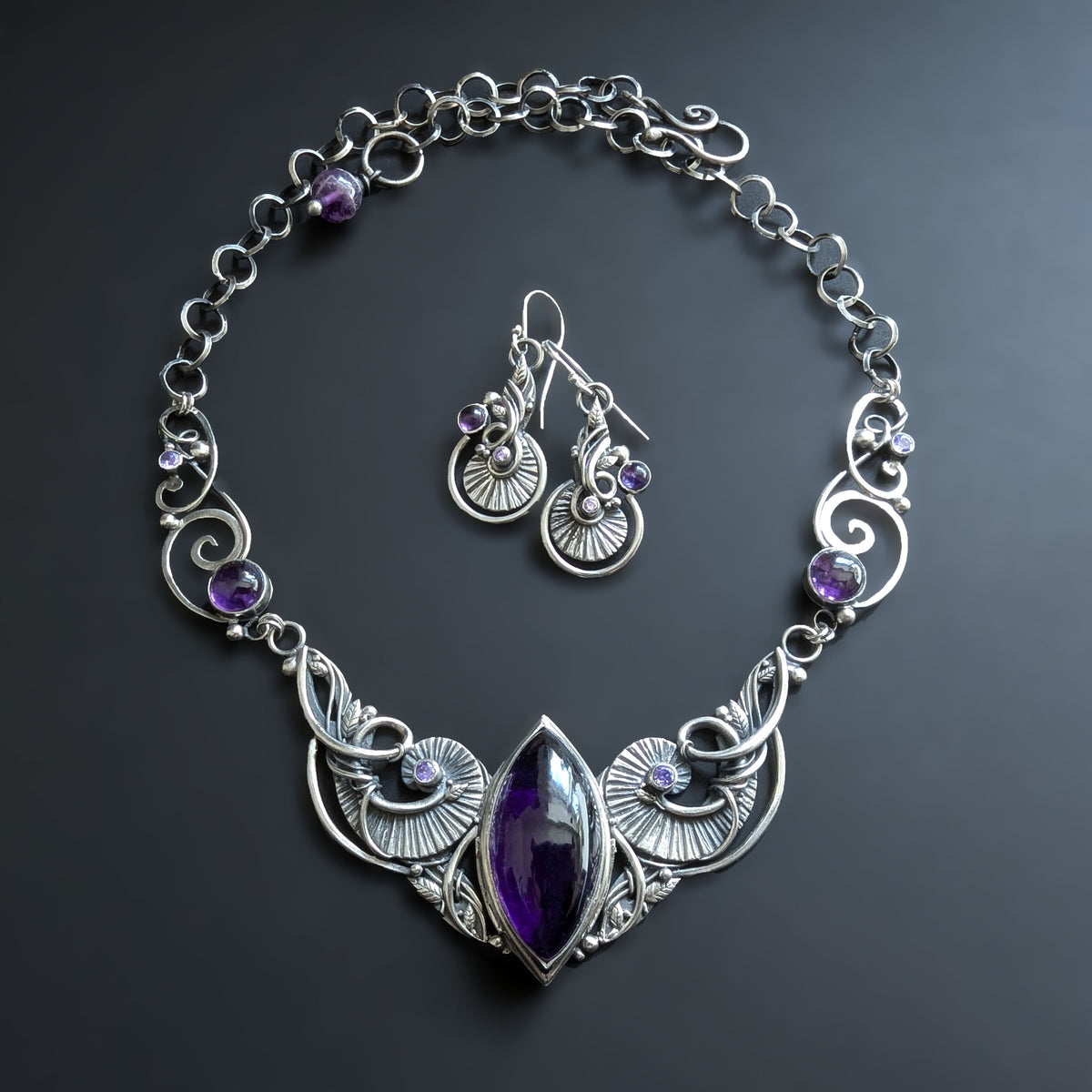 Sterling and Fine Silver Necklace with Purple Amethyst and Lavender Cubic Zirconia - Deep Purple