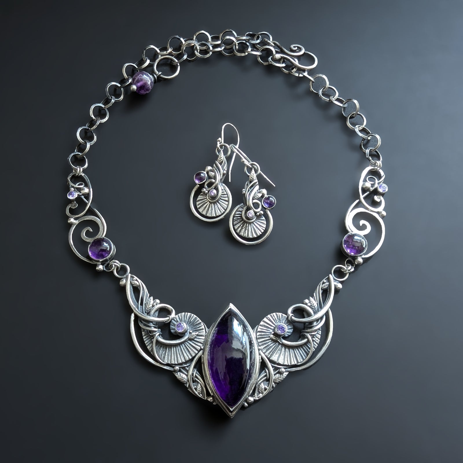 Sterling and Fine Silver Necklace and Earrings with Purple Amethyst and Lavender Cubic Zirconia - Deep Purple