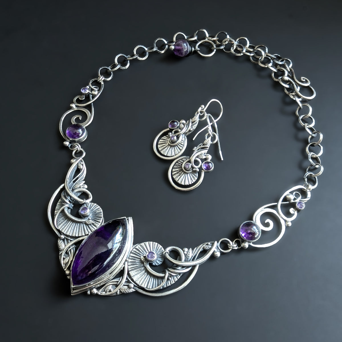 Sterling and Fine Silver Necklace with Purple Amethyst and Lavender Cubic Zirconia - Deep Purple
