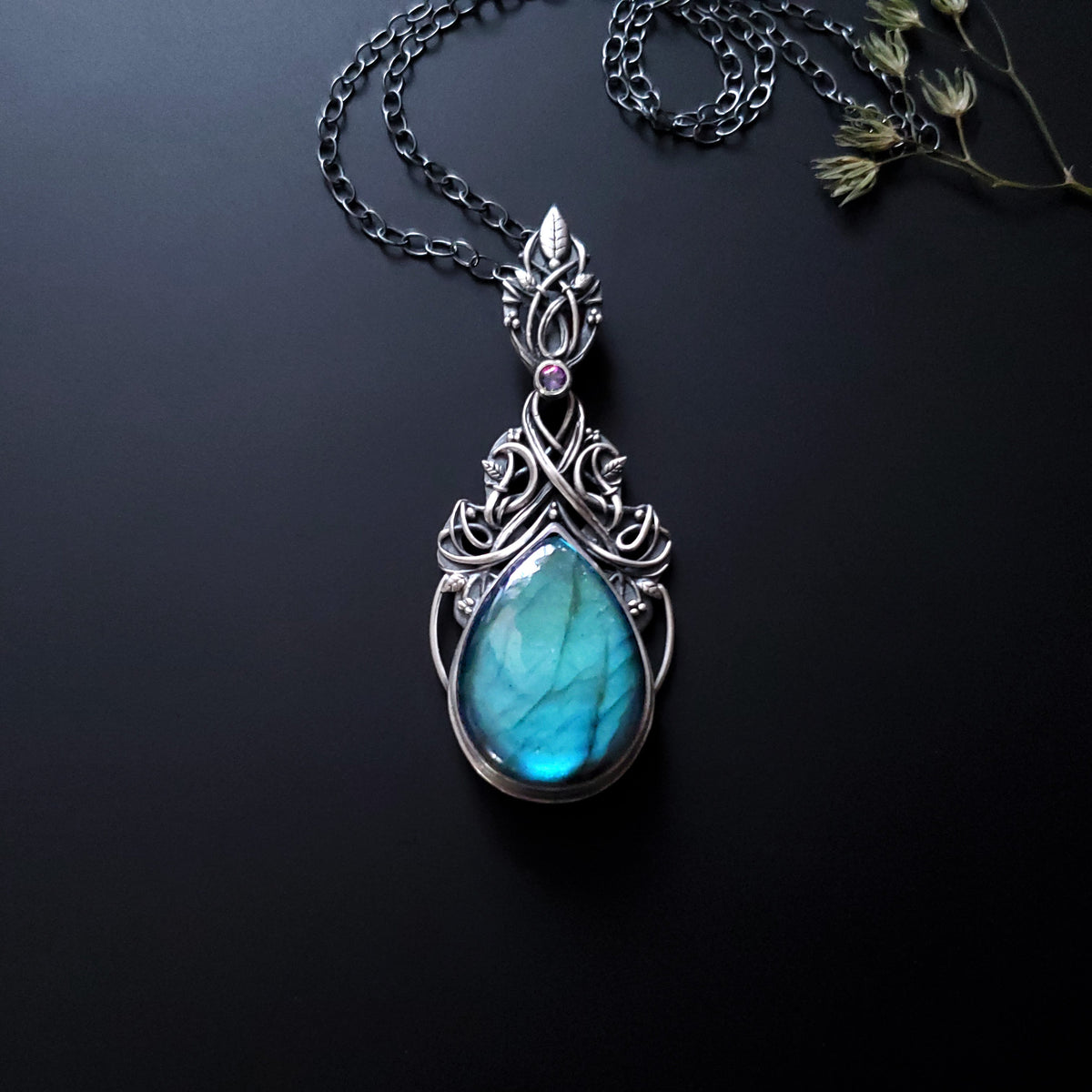 Sterling and Fine Silver Ivy Lovestone Hedera Helix Pendant and Necklace with Blue Labradorite and Topaz - Hold Me