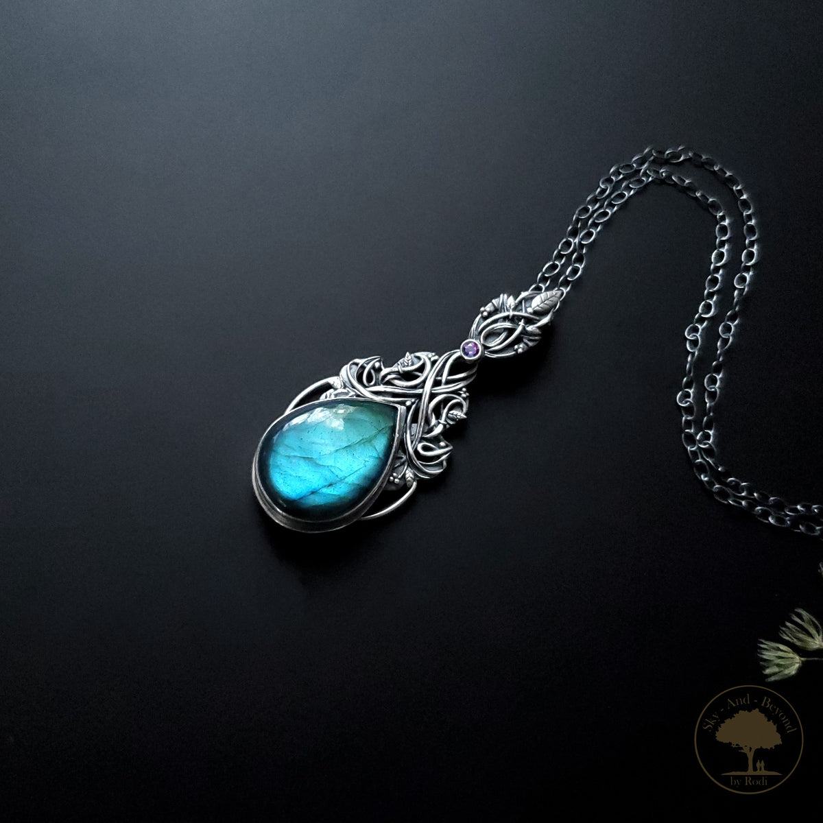 Sterling and Fine Silver Ivy Lovestone Hedera Helix Pendant and Necklace with Blue Labradorite and Topaz - Hold Me