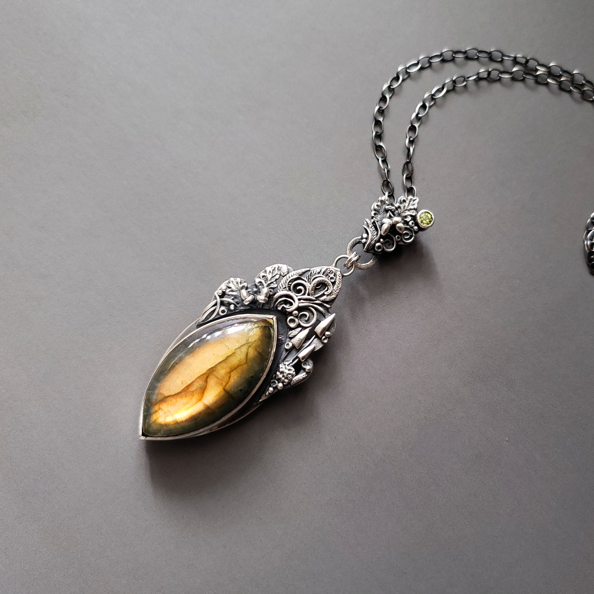 Sterling Silver Pendant and Necklace with Labradorite and Peridot stones - Into the Woods