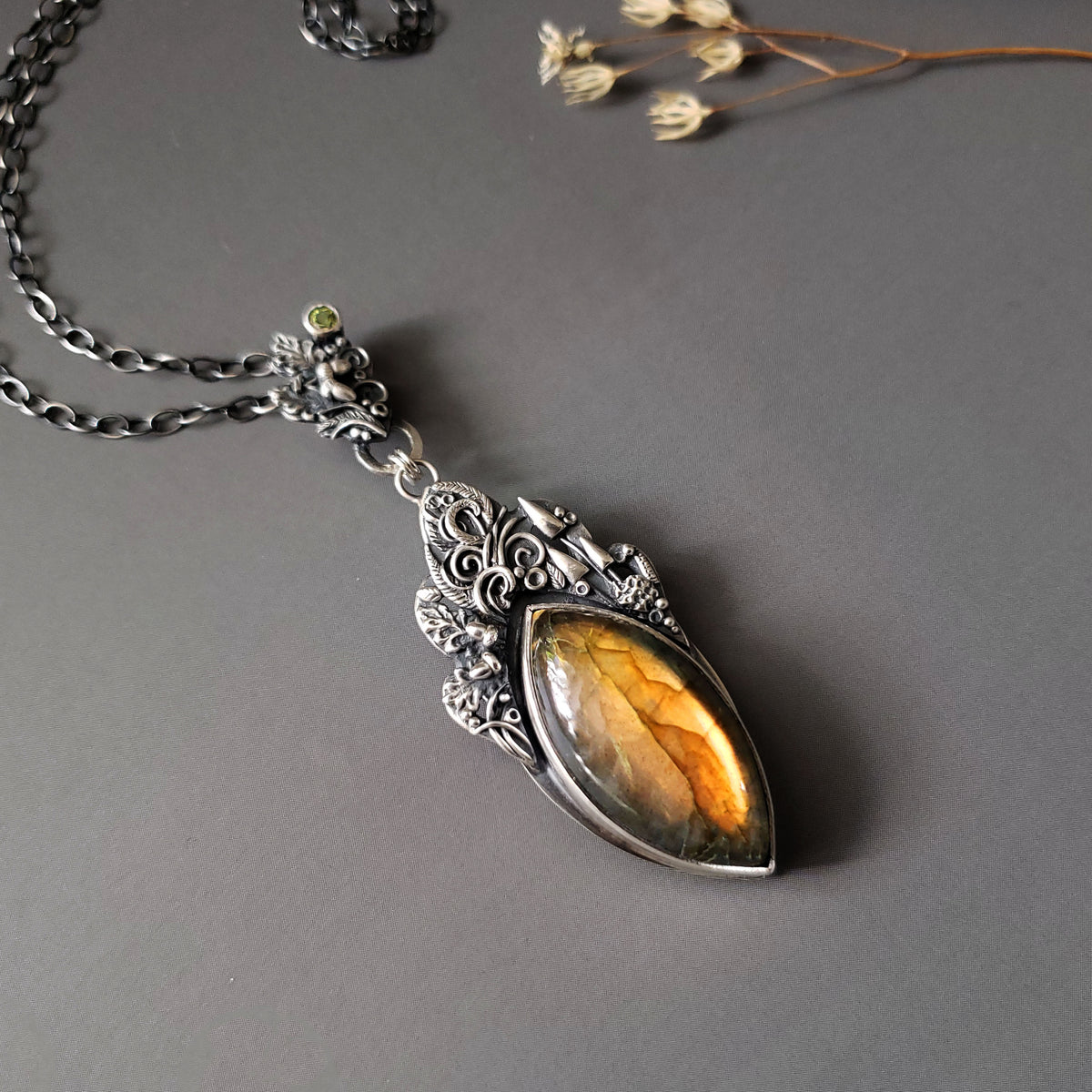 Sterling Silver Pendant and Necklace with Labradorite and Peridot stones - Into the Woods
