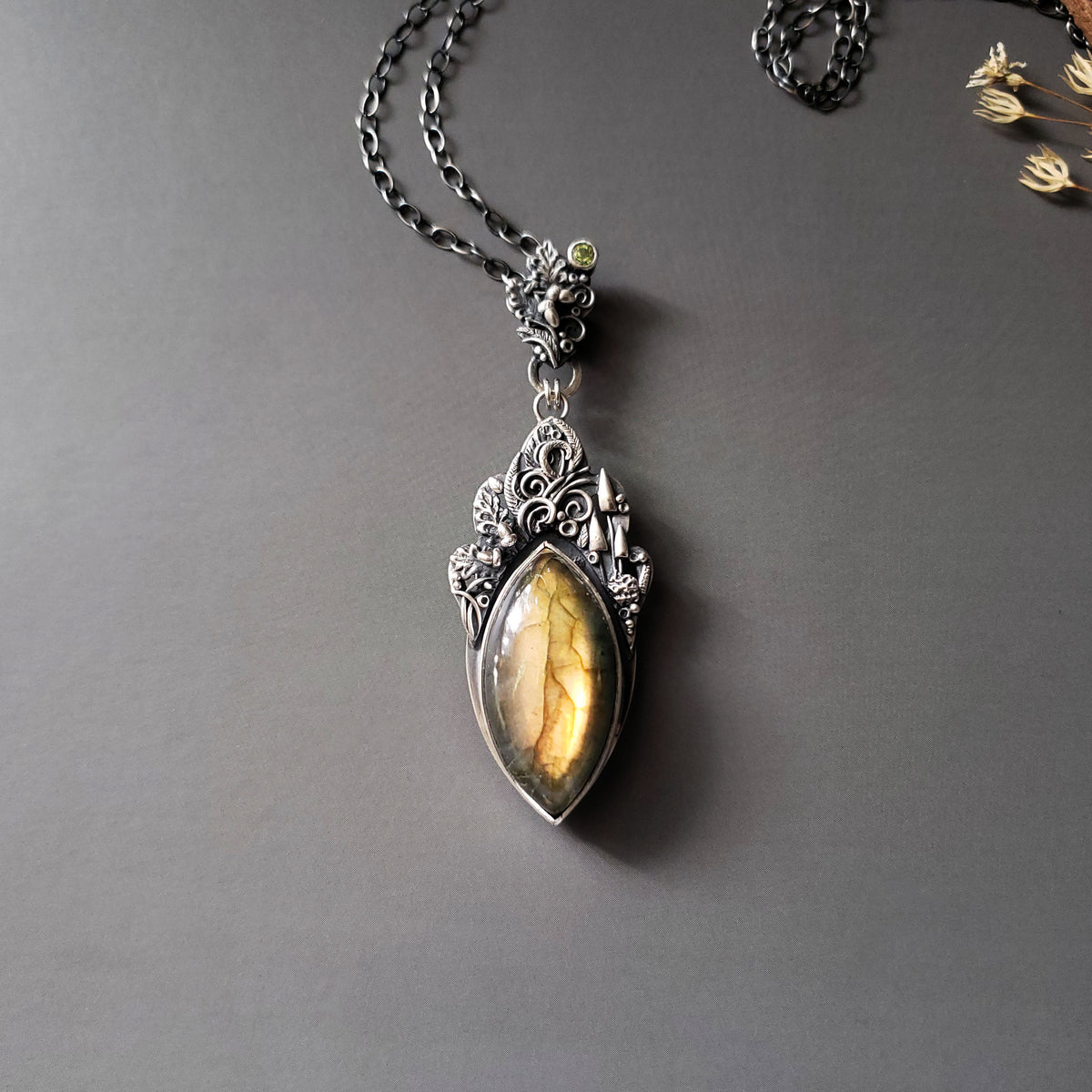 Sterling Silver Pendant and Necklace with Labradorite and Peridot stones - Into the Woods