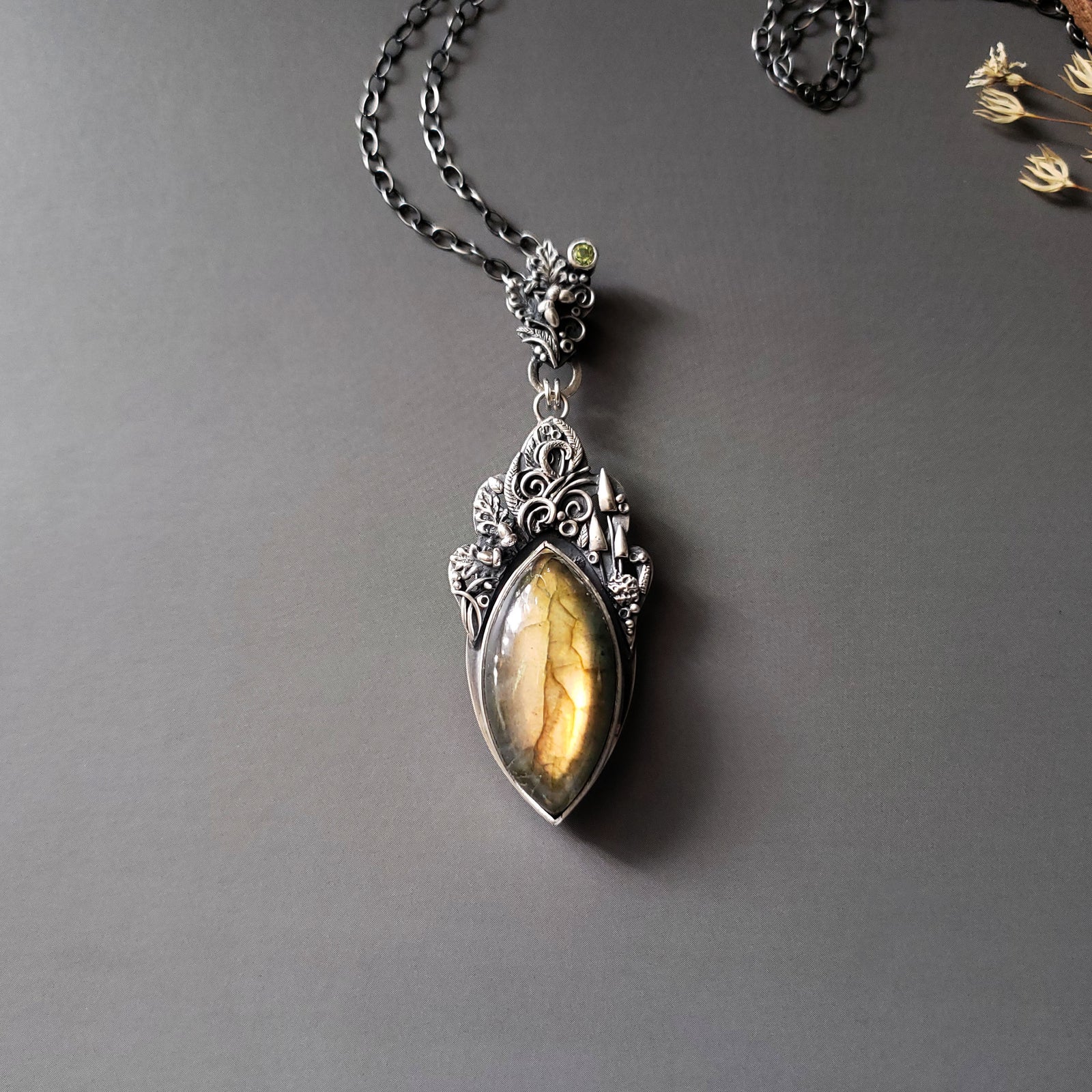 Sterling Silver Pendant and Necklace with Labradorite and Peridot stones - Into the Woods
