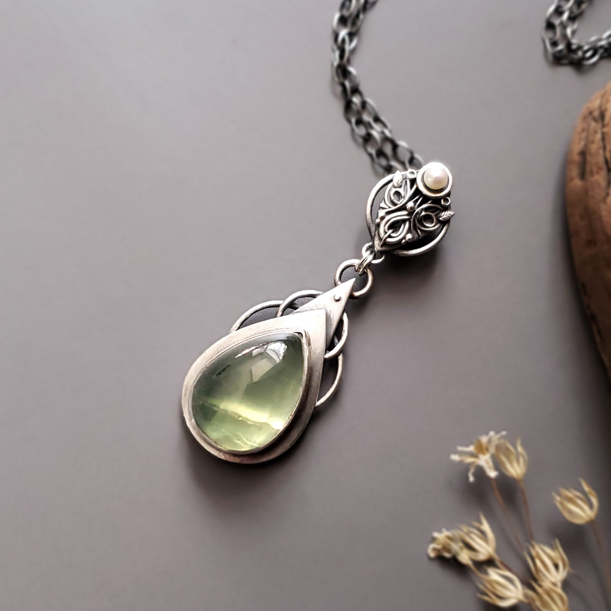 Sterling and Fine Silver Talisman Pendant and Stud Earrings with Prehnite & Fresh Water Pearl Set - Inner Peace