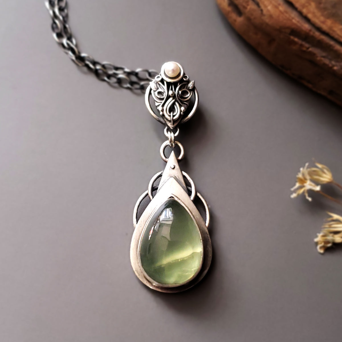 Sterling and Fine Silver Talisman Pendant and Stud Earrings with Prehnite & Fresh Water Pearl Set - Inner Peace