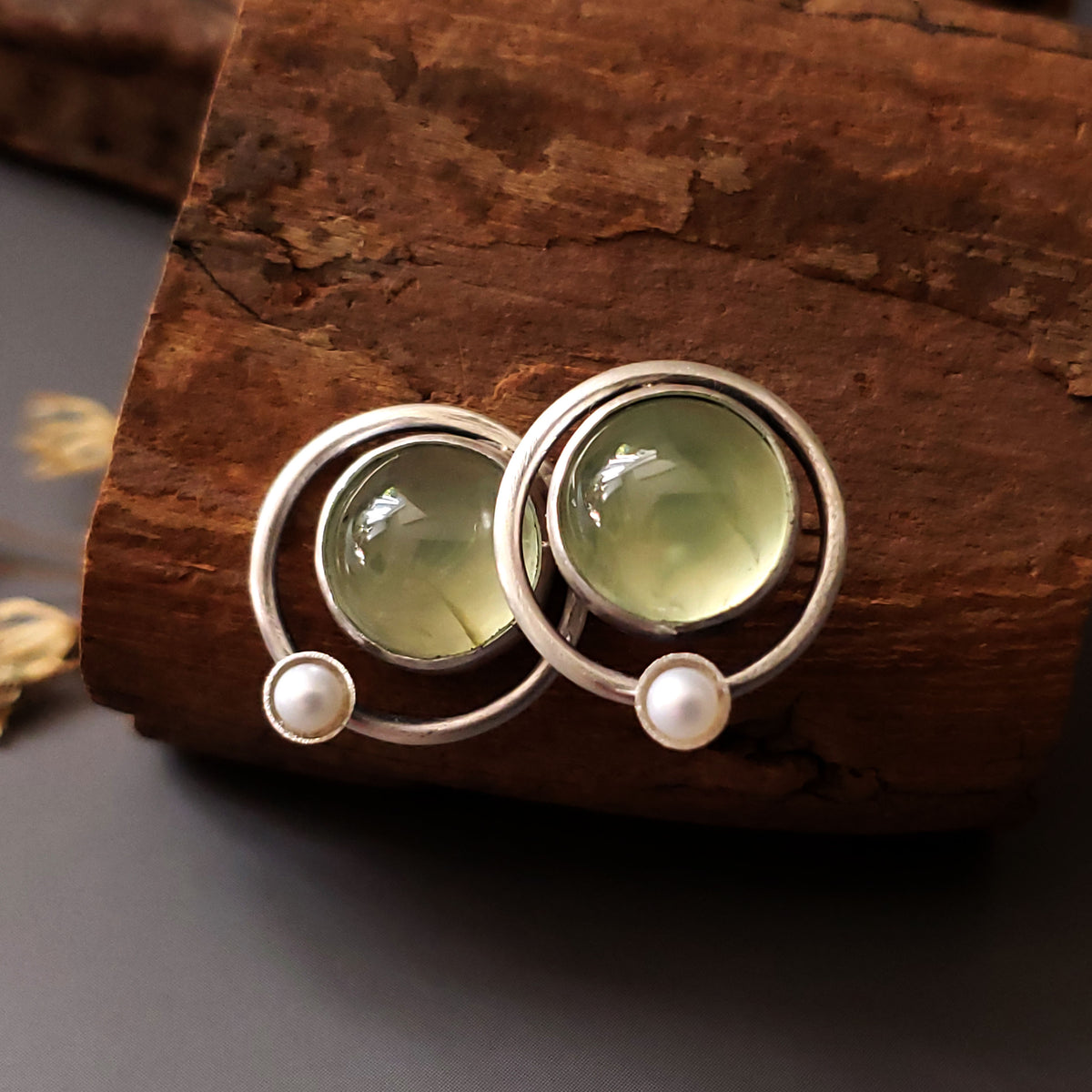 Sterling and Fine Silver Talisman Pendant and Stud Earrings with Prehnite & Fresh Water Pearl Set - Inner Peace