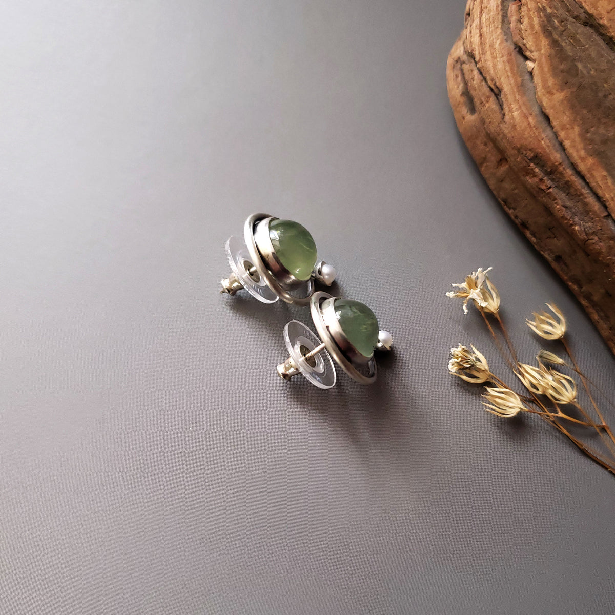 Sterling and Fine Silver Talisman Pendant and Stud Earrings with Prehnite & Fresh Water Pearl Set - Inner Peace