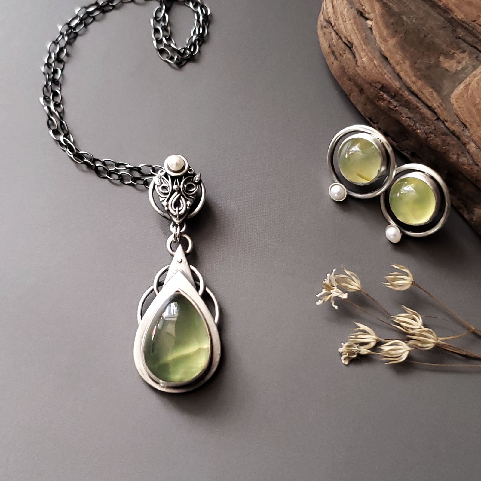 Sterling and Fine Silver Talisman Pendant and Stud Earrings with Prehnite & Fresh Water Pearl Set - Inner Peace
