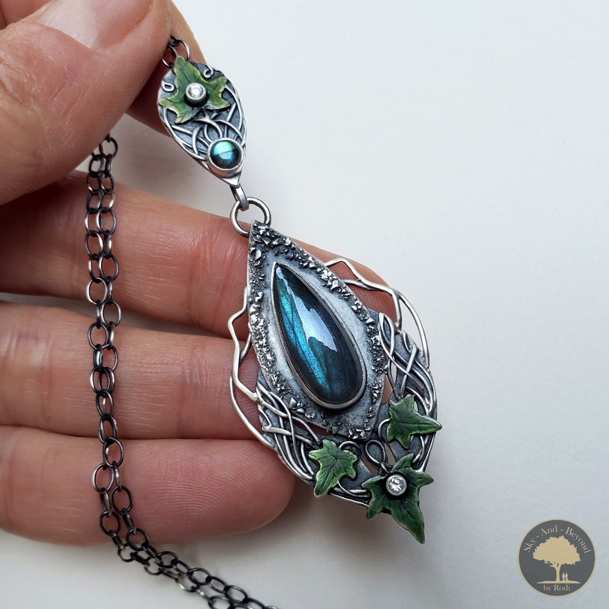 Sterling and Fine Silver Ivy Lovestone Hedera Helix Pendant and Necklace with Blue Labradorite and Topaz - Hold Me