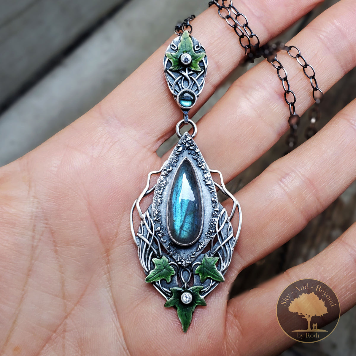 Sterling and Fine Silver Ivy Lovestone Hedera Helix Pendant and Necklace with Blue Labradorite and Topaz - Hold Me
