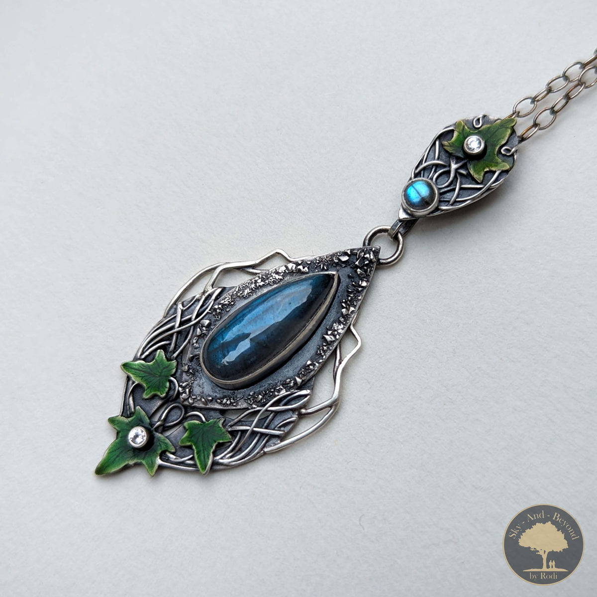Sterling and Fine Silver Ivy Lovestone Hedera Helix Pendant and Necklace with Blue Labradorite and Topaz - Hold Me