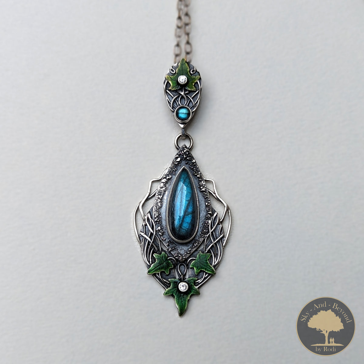 Sterling and Fine Silver Ivy Lovestone Hedera Helix Pendant and Necklace with Blue Labradorite and Topaz - Hold Me