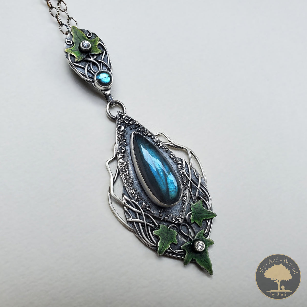 Sterling and Fine Silver Ivy Lovestone Hedera Helix Pendant and Necklace with Blue Labradorite and Topaz - Hold Me