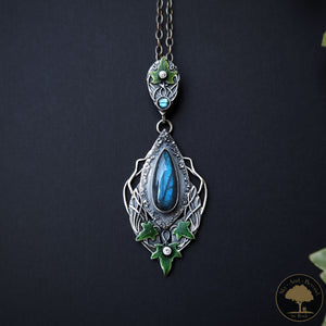 Sterling and Fine Silver Ivy Lovestone Hedera Helix Pendant and Necklace with Blue Labradorite and Topaz - Hold Me