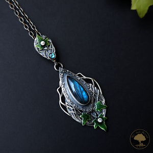 Sterling and Fine Silver Ivy Lovestone Hedera Helix Pendant and Necklace with Blue Labradorite and Topaz - Hold Me