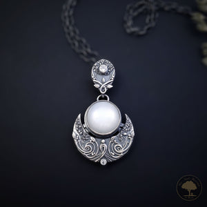 Sterling and Fine Silver Selena White Moon Pendant and Necklace with White Moonstone and Topaz - Moonlight